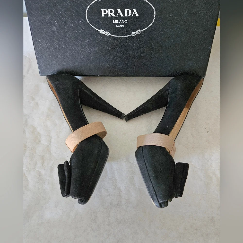 Prada Heels Black Suede Sculpted Heel Box Dust Bags - Picture 4 of 7